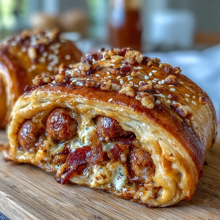 Golden-baked pigs in a blanket with poppy seed topping, paired with creamy Dijon honey sauce for game day.