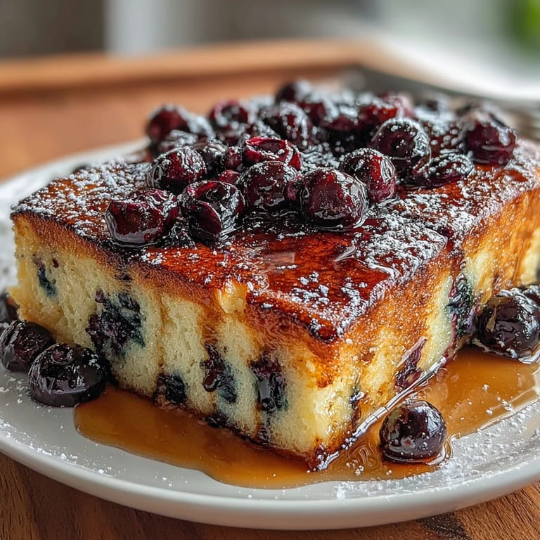 Oven-baked blueberry pancake casserole with golden edges and bursts of sweet fruit, perfect for a family breakfast.  