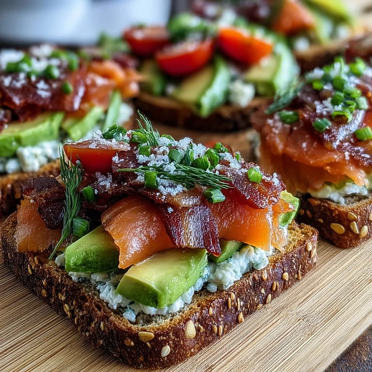 A colorful Spring Brunch Avocado Toast Board with Smoked Salmon, showcasing sliced avocado, delicate smoked salmon, and vibrant fresh vegetables on toasted multigrain bread.