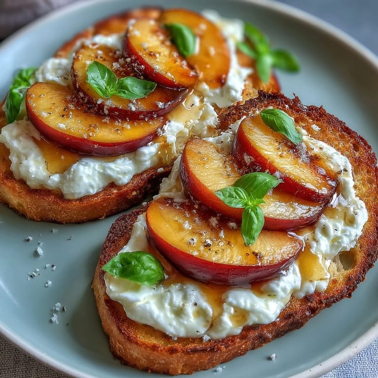 Rustic toast topped with juicy peaches, burrata cheese, and a honey drizzle, garnished with fresh basil for a vibrant bite.