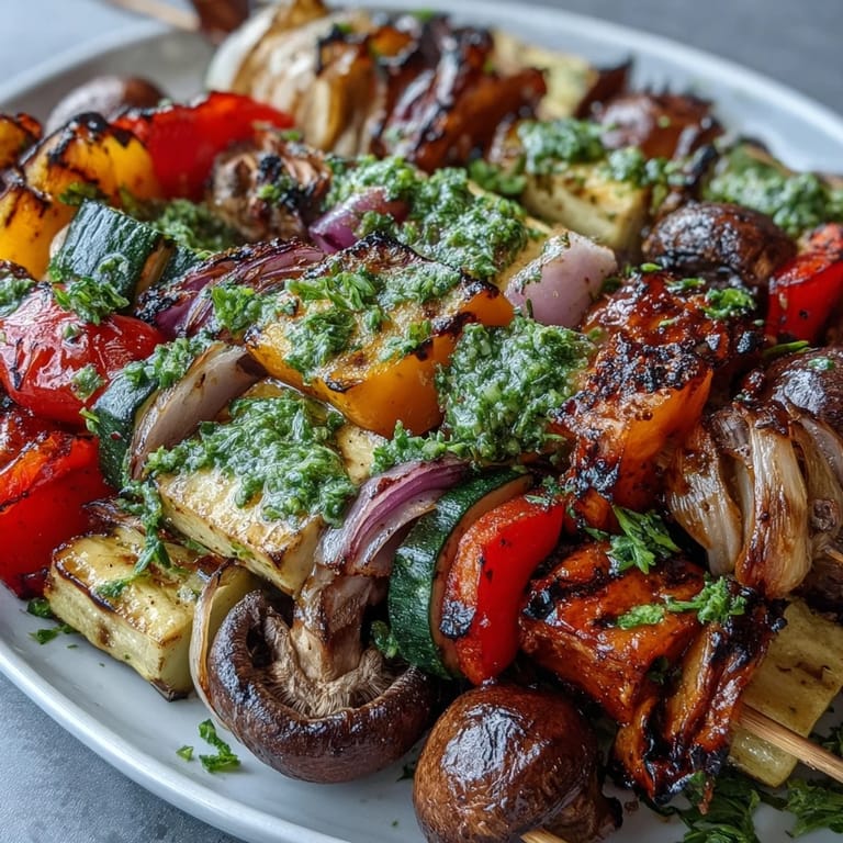 Vibrant summer veggie skewers with chimichurri sauce, combining charred vegetables and zesty herb dressing for a fresh, healthy meal.