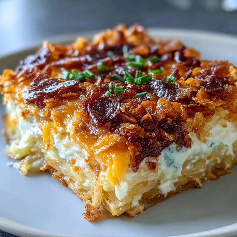 Creamy, cheesy hash brown casserole baked to perfection, featuring a crunchy golden crust and savory onion flavor.