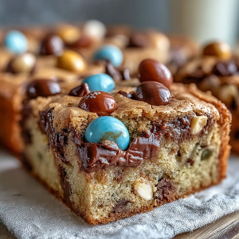Soft, chewy cookie bars loaded with creamy peanut butter and pastel Easter egg chocolates, ideal for holiday dessert tables.