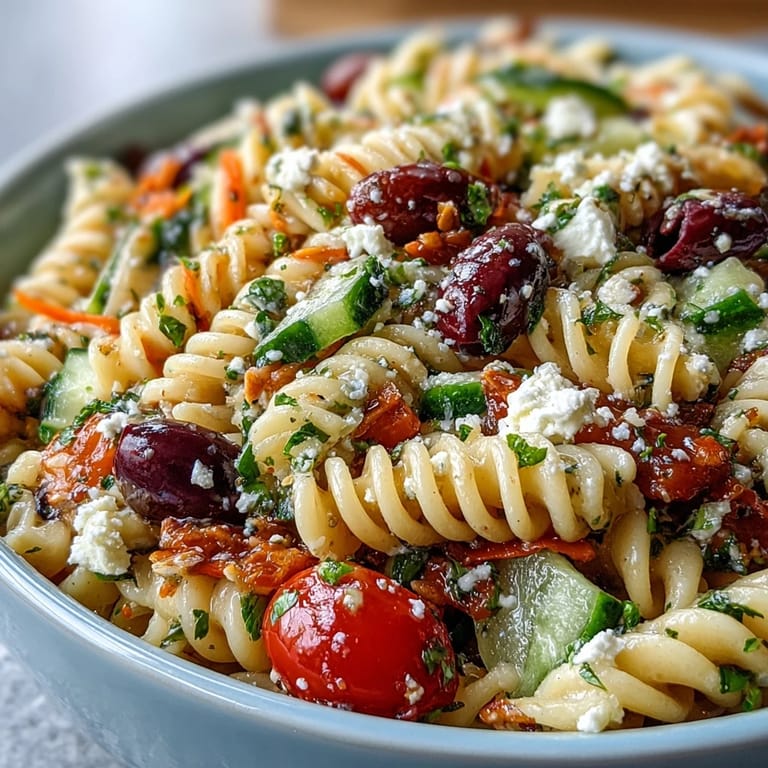 A colorful pasta salad with fusilli, crisp vegetables, and shredded carrots, drizzled with Italian dressing, perfect for summer picnics and cookouts.