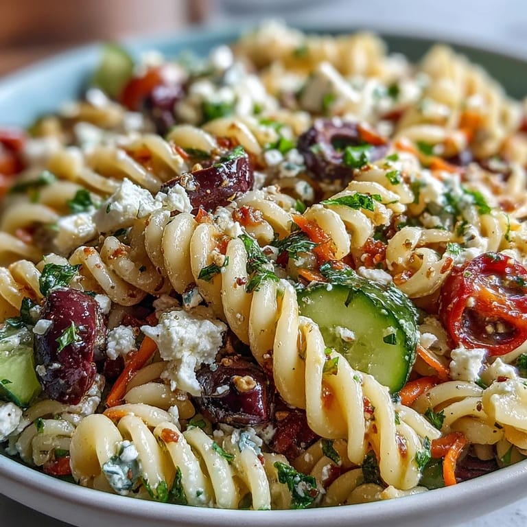 Fresh Memorial Day Pasta Salad with Italian Dressing and Veggies, showcasing a medley of diced peppers, red onion, black olives, and parsley in a chilled, flavorful side dish.
