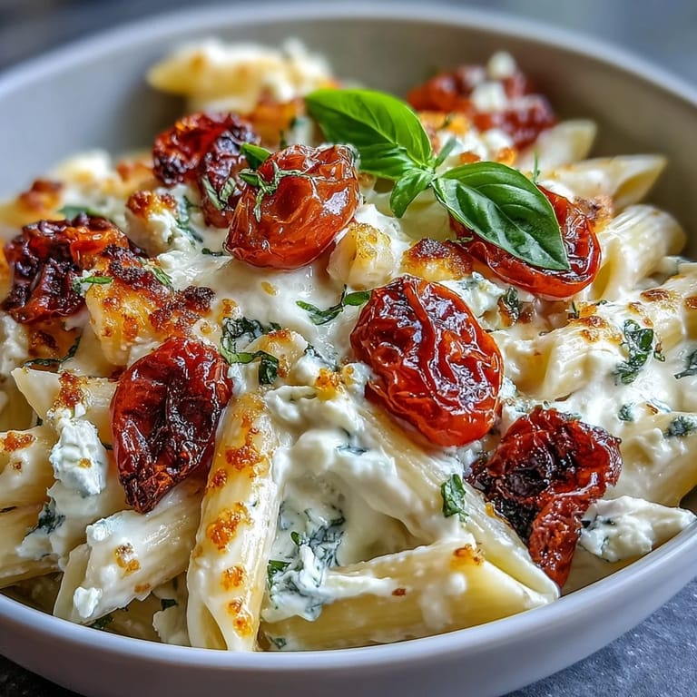 Bursting cherry tomatoes and creamy feta cheese combine in this oven-baked pasta, topped with fresh basil for a flavorful meal.