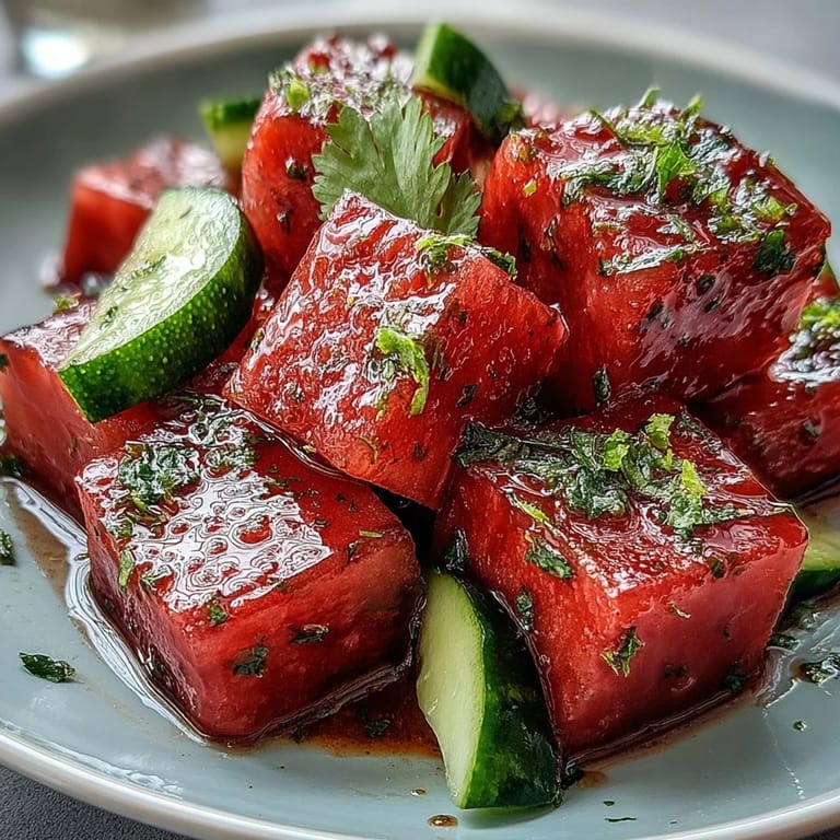 Colorful bowl of Watermelon Cucumber Salad with Tajin and lime, featuring juicy fruit, crisp cucumber, and zesty seasoning.  
