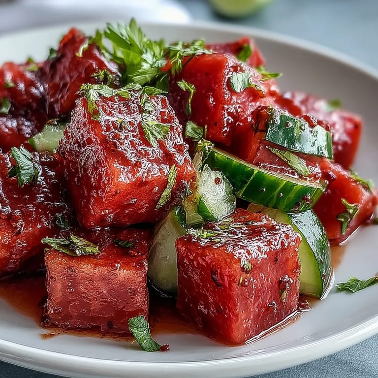 Refreshing Watermelon Cucumber Salad with Tajin and lime, garnished with cilantro and optional feta for a vibrant, healthy side dish.