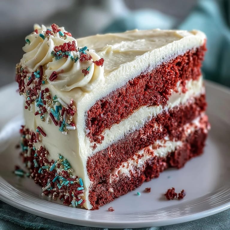 A slice of rich Juneteenth Red Velvet Cake with decadent cream cheese frosting.