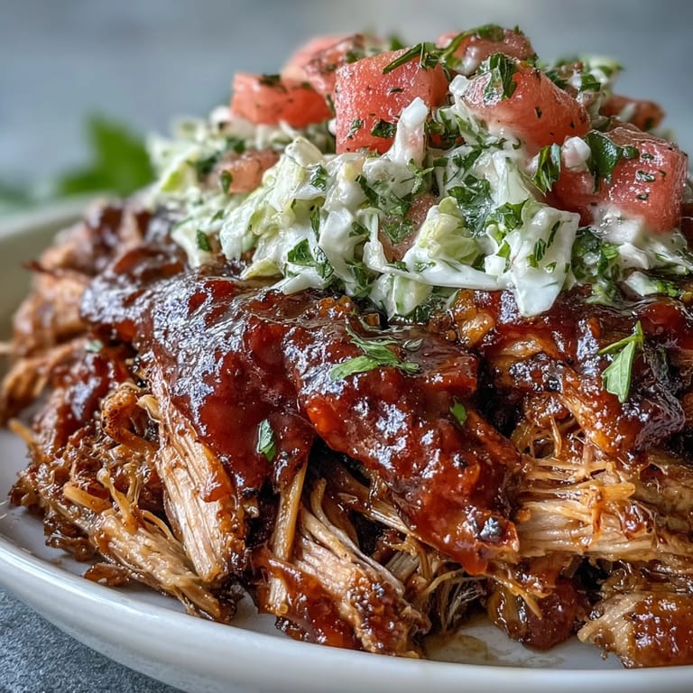 Tender Juneteenth BBQ Pulled Pork with a bright, refreshing watermelon slaw.
