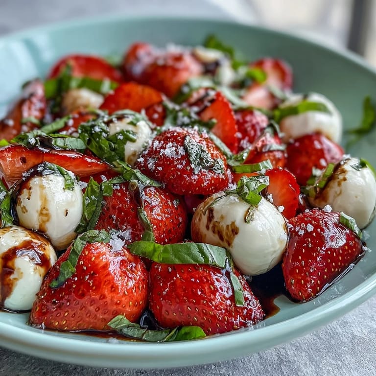 Vibrant Fresh Strawberry Caprese Salad, a simple summery dish with sweet berries and cheese.
