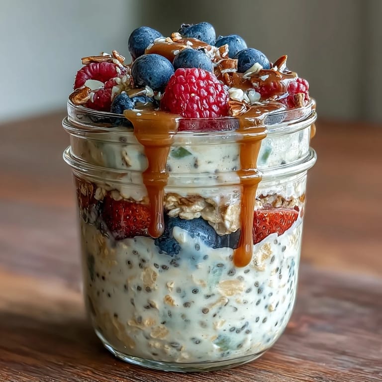 Delicious protein-packed overnight oats with chia, flax, and fruit for breakfast.