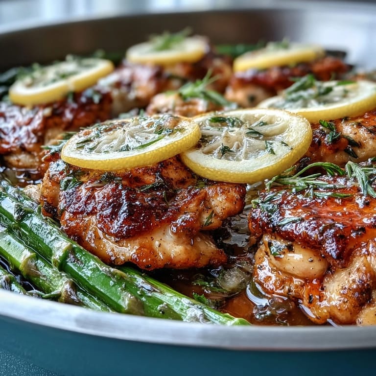 Delicious one-pan lemon herb chicken and asparagus, ready for dinner.