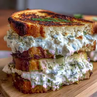 Toasted sourdough slices with a creamy whipped feta spring grilled cheese, oozing and golden brown.