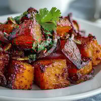 Vibrant sweet and spicy red kuri squash bowl with roasted onions, garnished.