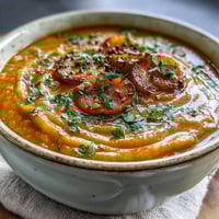 Creamy orange Carrot and Lentil Soup served hot in a white bowl with fresh cilantro garnish.