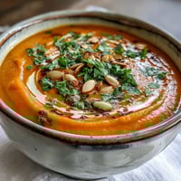 Bright orange Carrot Ginger Soup steaming in a rustic bowl, topped with fresh cilantro and a swirl of coconut milk. 