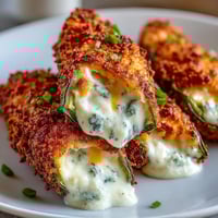 Golden Air Fryer Jalapeño Poppers stuffed with creamy cheese, topped with crispy breadcrumbs and fresh chives.