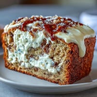 Freshly baked Cream Cheese Cinnamon Swirl Banana Bread sliced to reveal a moist crumb and creamy center, ready to serve with a cup of coffee.