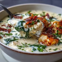 A creamy bowl of Garlic Parmesan Chicken Soup topped with fresh parsley and extra cheese.
