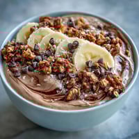 Two bowls of Chunky Monkey Smoothie Bowls topped with sliced bananas, granola, and cacao nibs.
