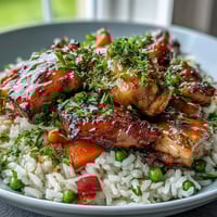 Golden-brown, glazed chicken thighs simmer in a honey BBQ sauce, nestled into fluffy rice and bright bell peppers in one skillet.