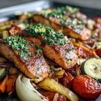 Flaky roasted salmon fillets nestled among colorful roasted veggies for a Sheet Pan Salmon and Veggies Bowl.