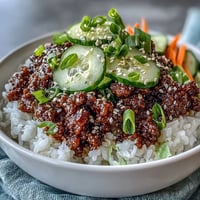 Overhead view of a Korean Ground Beef Bowl with fluffy rice, savory beef, and crisp, tangy pickled vegetables.