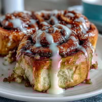 Warm cinnamon roll pancake casserole with swirls of cinnamon sugar and a drizzle of cream cheese glaze.