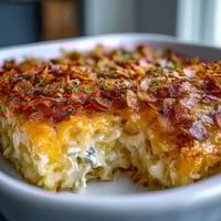 Golden, bubbly cheesy hash brown casserole with crispy cornflake topping, a classic comfort food side dish.