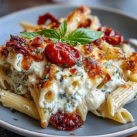 Creamy baked feta pasta with roasted cherry tomatoes and fresh basil, perfect for a comforting vegetarian dinner.  